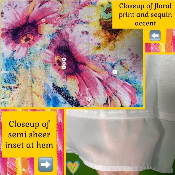 S WHITE TUNIC W WATERCOLOR FLORAL&SEQUIN DET SEMI SHEER HEM *Preowned/some wear* - Picture 3 of 14